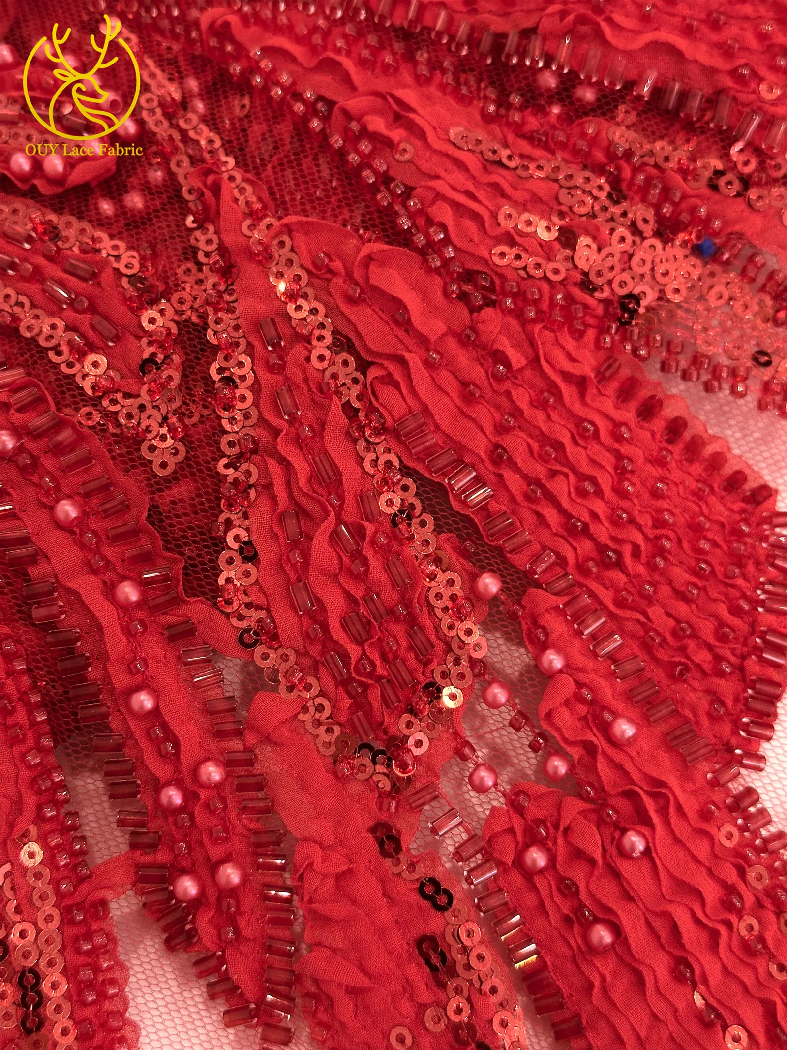 Rosa 3D Mode-Mesh-Tüll-Spitzenstoff 2026 Nigerianischer Perlen-Pailletten-Spitzenstoff für Damen Hochzeits- und Abendkleider zum Nähen 5 Yards – Detail 21