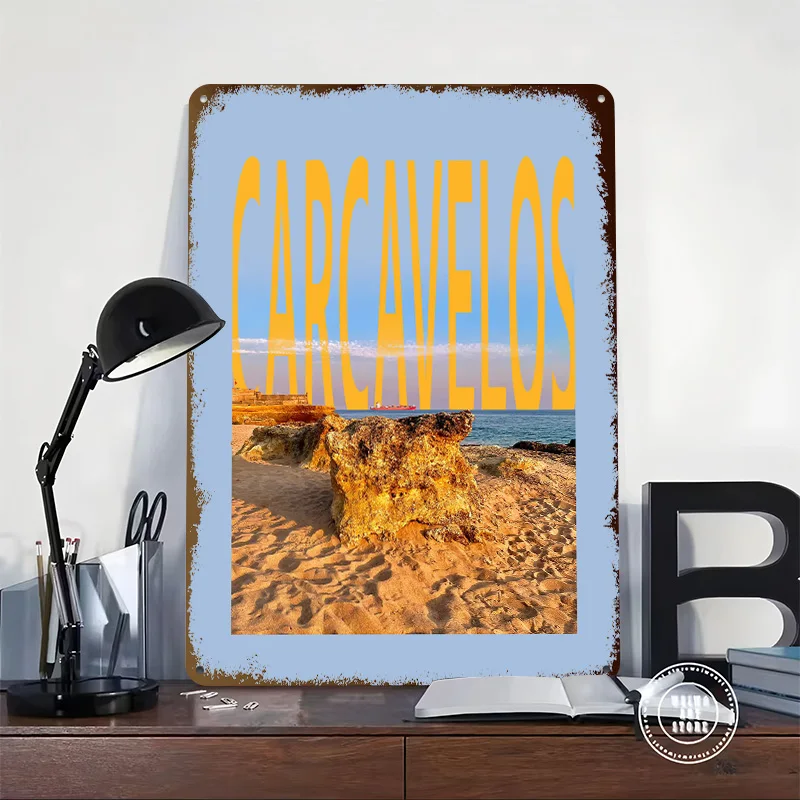 Carcavelos Beach Landscape With Text Overlay Printed Poster Customized Retro Wall Art Vintage Metal Tin Signs for Home Wand Deko