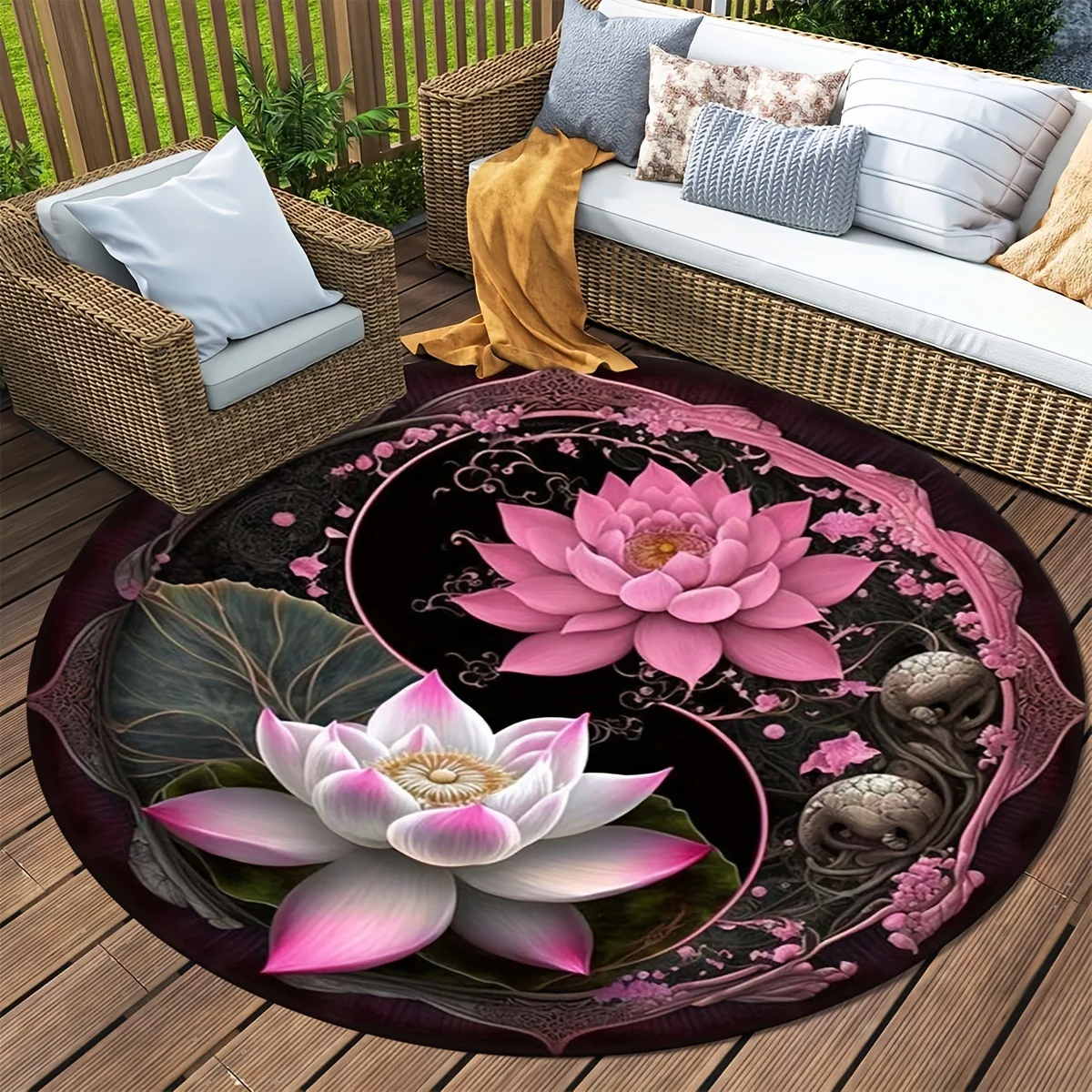 Yin Yang Lotus Round Rug, Non-Slip Washable Polyester Mat for Bedroom Living Room Office Nursery, Home Decor Carpet