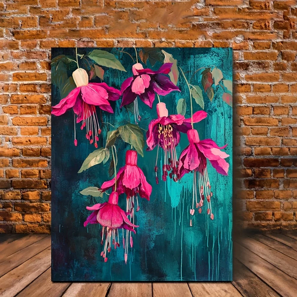 (No frame)1pc Fuchsia & Teal Floral Canvas Art, Open Window Design, Vibrant Pink Peonies on Green Leaves, Modern Wall Decor f
