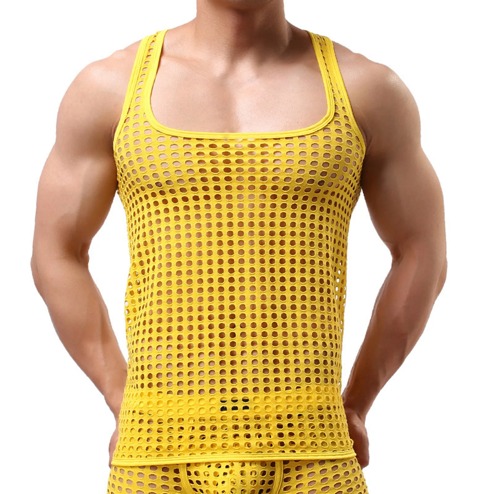 Men Mesh See-Through Sleepwear Tank Vest Tops Undershirt Fish Net Pure Color Hollow Out Sexy Underwear