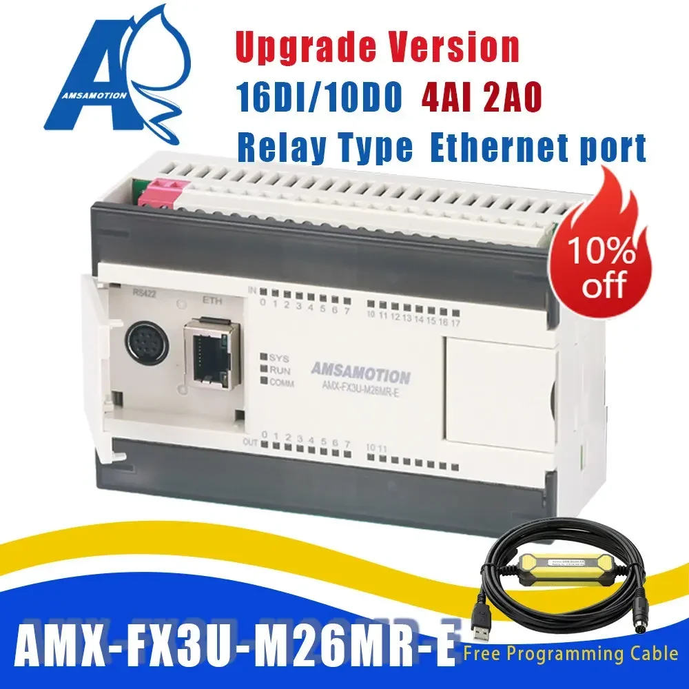 Amsamotion Upgrade AMX-FX3U-M26MR Ethernet PLC Compatible with Mitsubishi Controller Relay 4AI/2AO 16I/10O MODBUS CLP 26MR-E