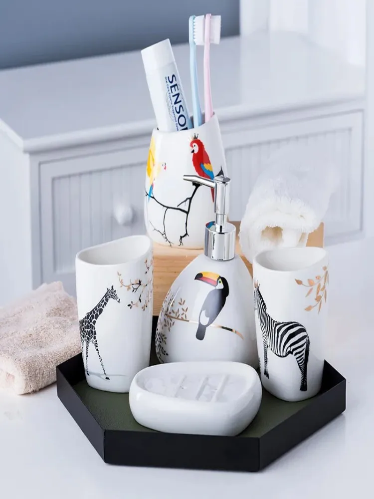 Śliczna Zebra Sowa Szczotkowanie Kubek Dla Dzieci Nordic Zestaw Akcesoriów Łazienkowych Pięcioczęściowe Artykuły Sanitarne Ceramiczny Zestaw Mycia Kubek Szczotkowanie Kubków — zdjęcie 2