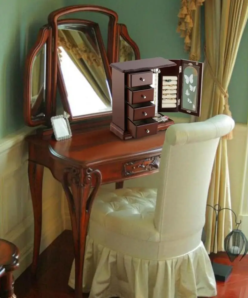 Joyero de madera maciza con 4 cajones, carrusel de collar incorporado, espejo grande - Organizador marrón