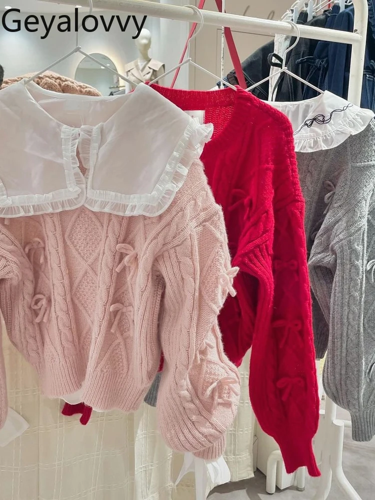 和風純粋な甘い女の子風リボンラウンドネックプルオーバーセーター秋冬新作万能ダイヤモンドボウ長袖セーター