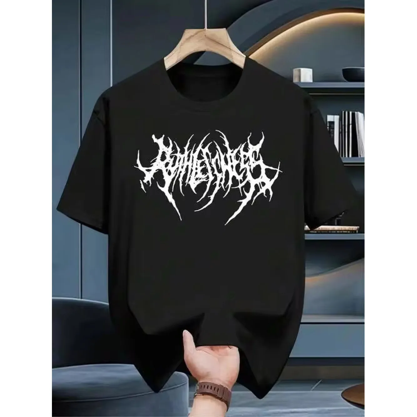 Men's Black Cotton T-Shirt With Abstract Round Neck Short Sleeve - Breathable Casual Shirt Suitable For Easter, Halloween, Thanksgiving, Machine Washable Regular Fit For Year-Round Wear, Versatile For Everyday & Themed Events