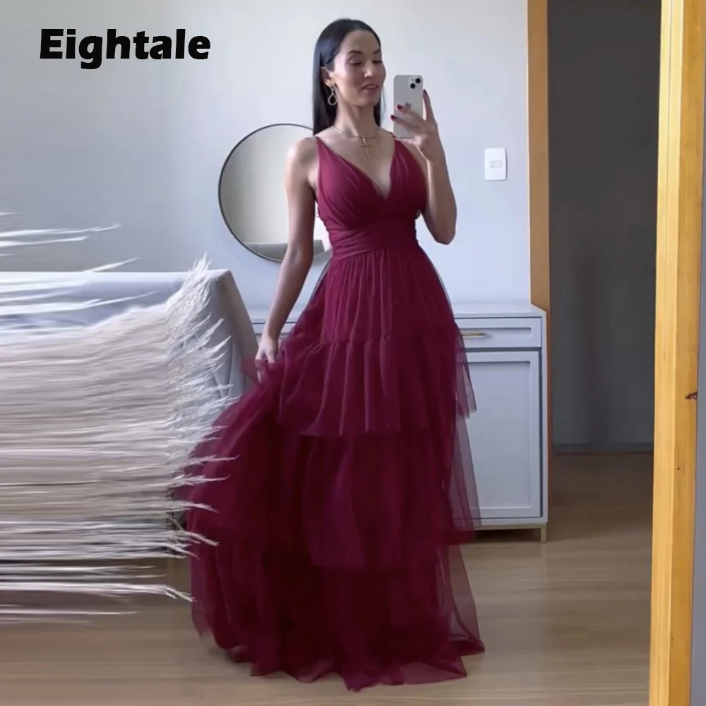 

Eightale Burgundy Prom Dresses Deep V-Neck A-Line Floor Length Tulle Tiered Evening Gown Party Dress vestidos para graduación