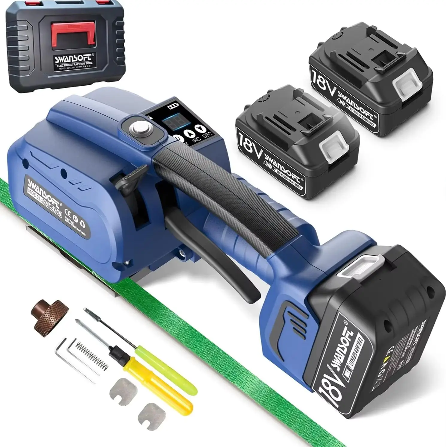 SWANSOFT SST-320B Elektrische Umreifungsmaschine, 2 x 4000 mAh Akku, automatisches Umreifungswerkzeug für 13-16 mm PP/PET-Bänder, automatisches Umreifungsgerät