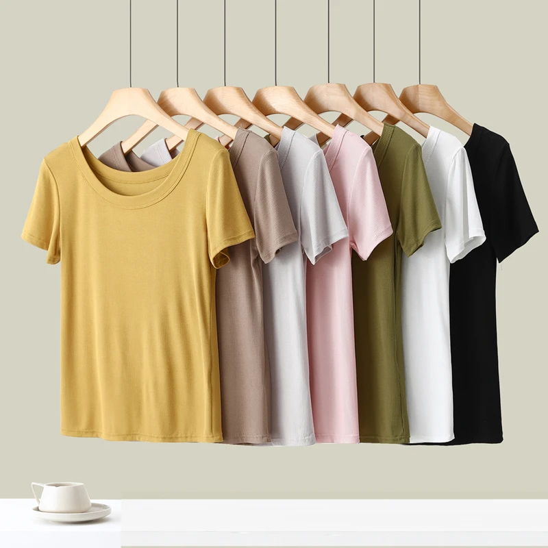 

Slim Fit ort Sve Modal T-irt Women's f Sve Top Base irt Versatile Simple Sle Summer Thin round Ne Tee