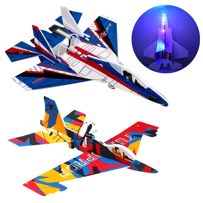 Outdoor Electric Foam Glider Hand Airplanes Capacitor with LED Light Aircraft Plane Model Kids Toys for Children Boys Gifts 
