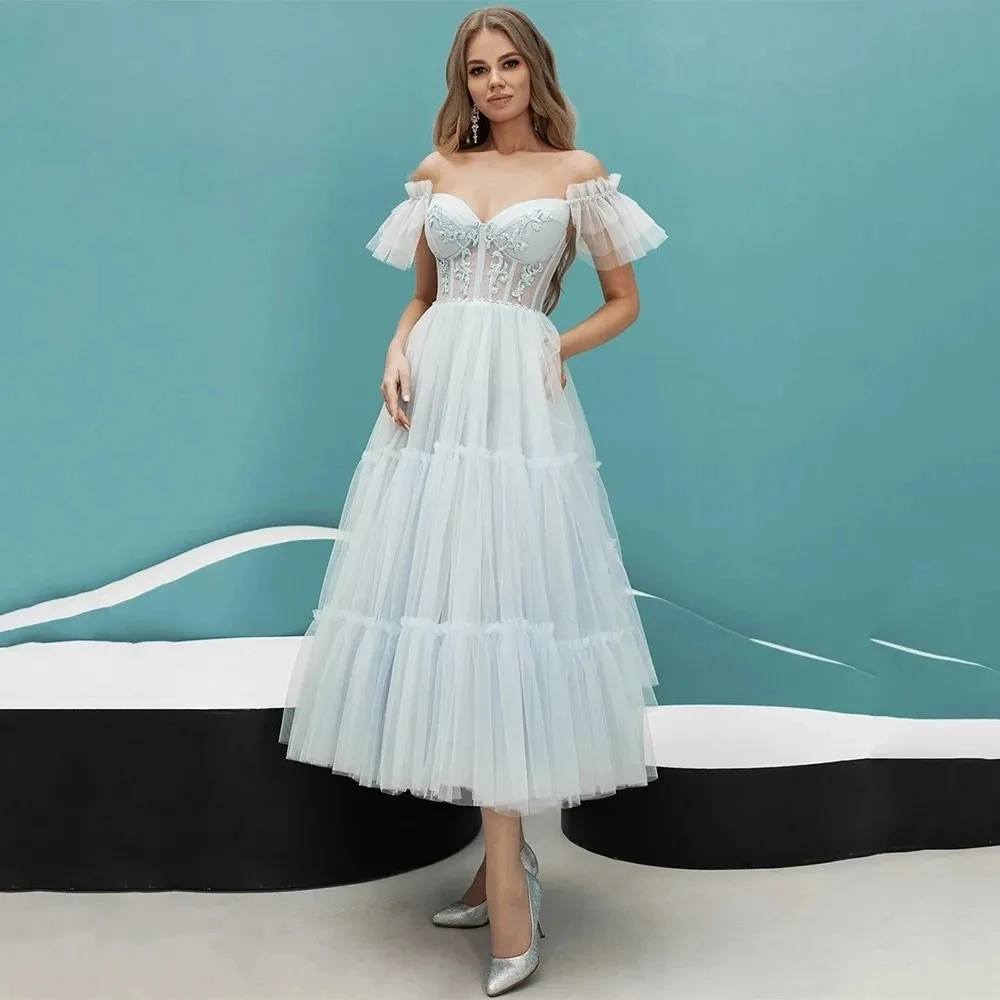 

A-line Short Ball Birthday Dress Sexy Sweetheart off-the-shoulder tulle Layered Tea Length Evening Dress Robe De Soiree 2024