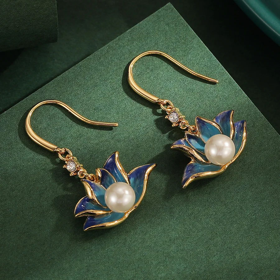 

2025 New Arrival Spring Summer National Trend Fashion Temperament Enamel Glaze Pearl Earrings High-end Blue Lotus Ear Hanging