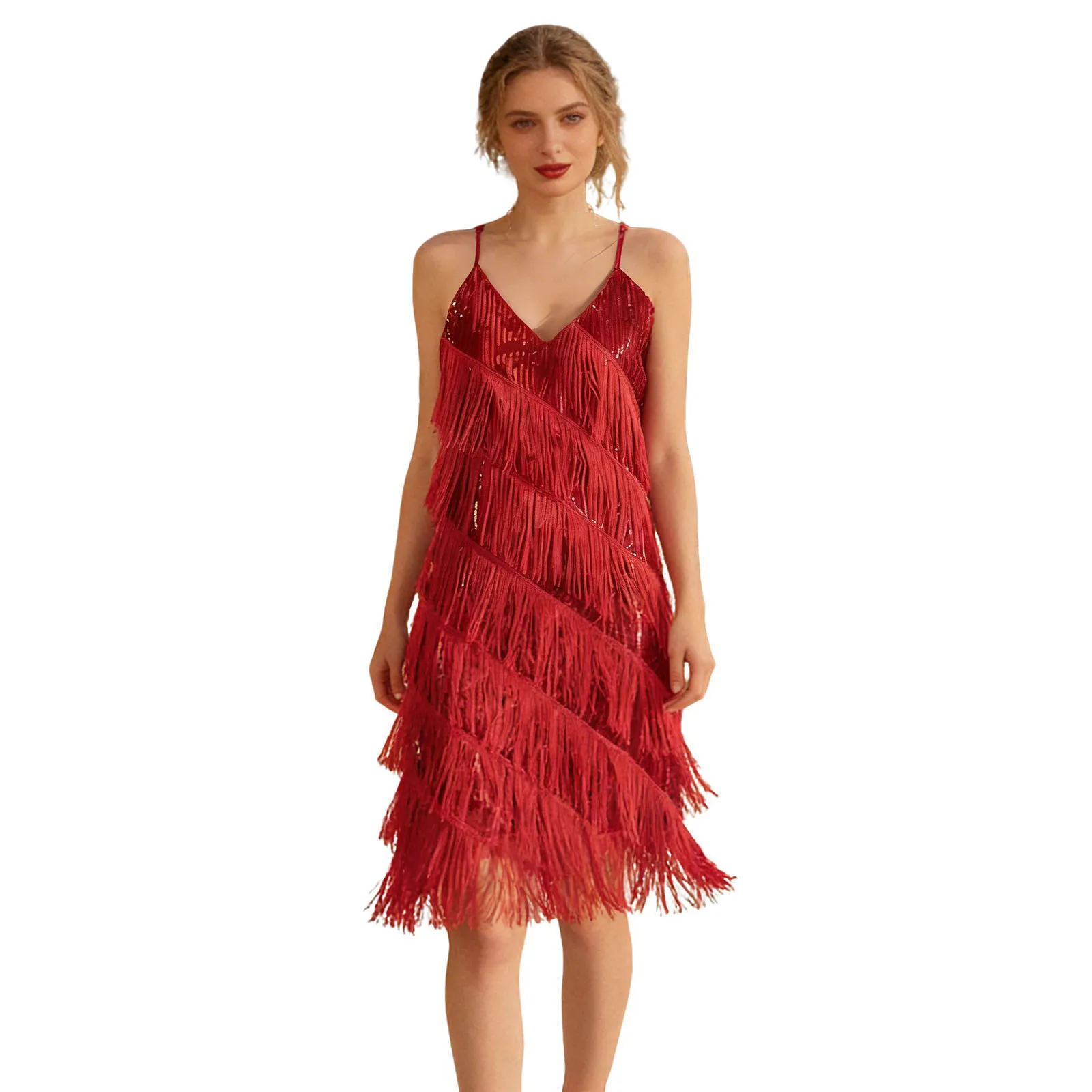 

Женское блестящее платье с пайетками и многоярусными бахромами, на регулируемых бретелях, с V-образным вырезом, для латиноамериканских танцев, танго, выпускных вечеров и ночных клубов