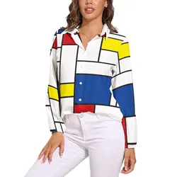 Mondrian Geometry Loose Blouse Modern Art Street Fashion Oversize Blouses Women Long-Sleeve Funny Shirt Autumn Custom Top