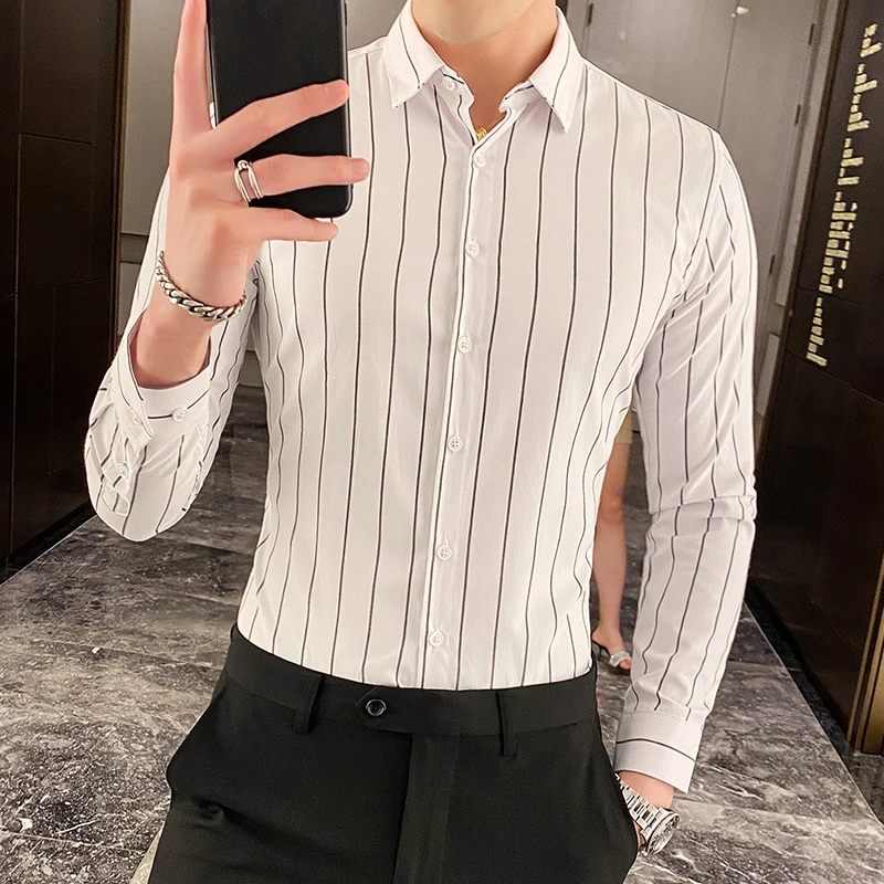 Korean Fashion Men\'s Shirts Button Down Slim Fit Long Sleeve Striped Shirt