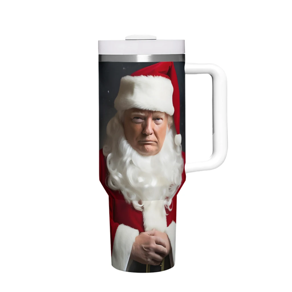 Donald Trump At Christmas 40oz Stainless Steel Car Mug With Handle Straw Thermal Iced Travel Cup Vacuum Insulated Coffee Hot Cup