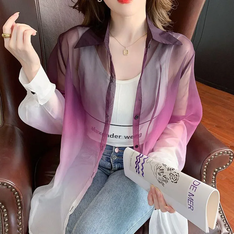 Fashion Women's Gradient Color Chiffon Shirt Summer Tie Dye Contrast Color Sun Protection Shirts Woman Korean Streetwear Blouse