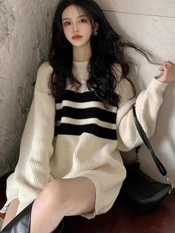 Pull en tricot pour femme Laid-ba, nouvelle collection automne-hiver 2025, design moderne, longueur mi-longue, vêtement d'extérieur ample, mélange de polyester doux