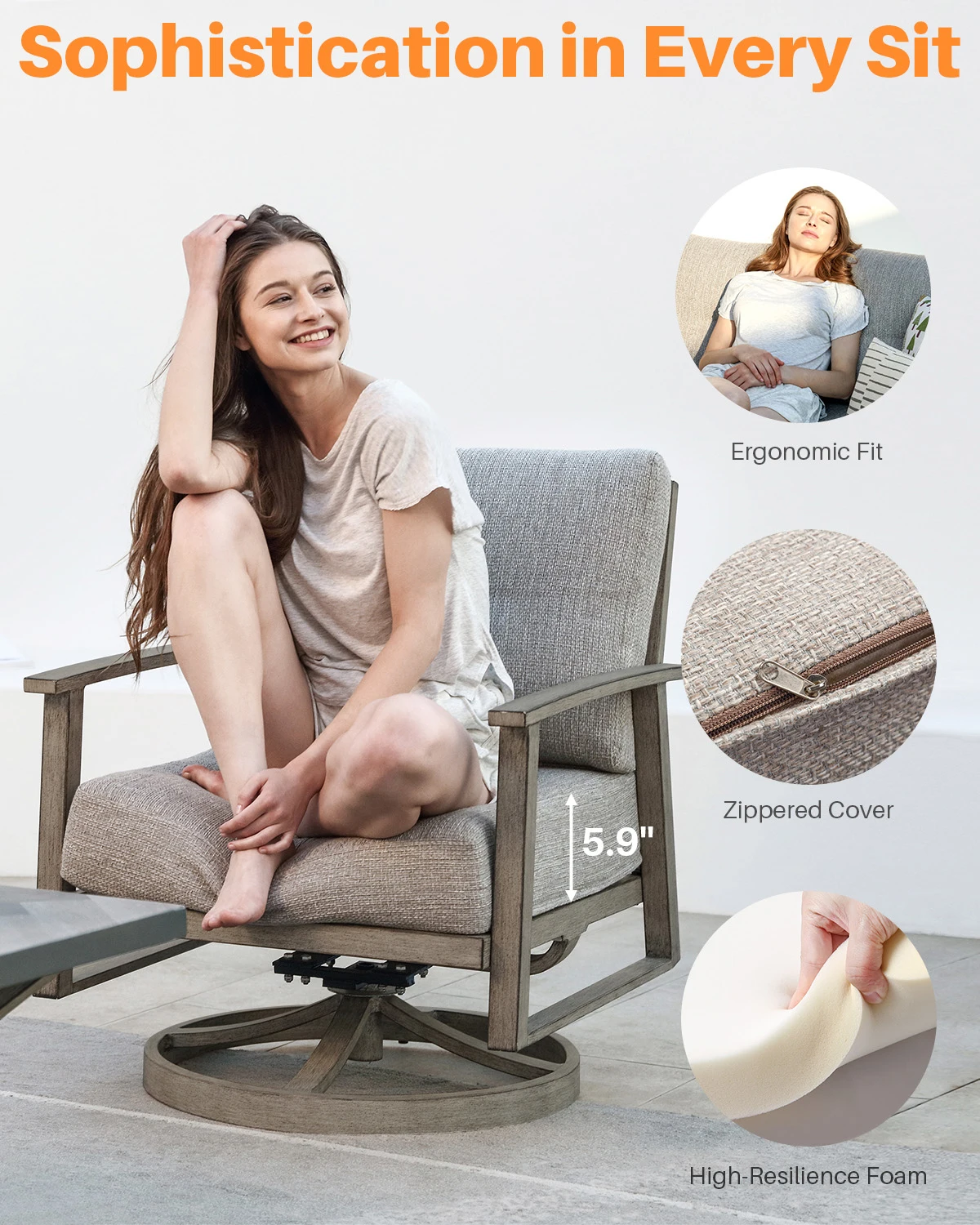 3 قطع 360 °   مجموعة صالة دوارة للاستخدام الخارجي، كراسي أريكة من الألومنيوم، طاولة جانبية لتواريخ الشرفة، استرخاء الحديقة للفنادق