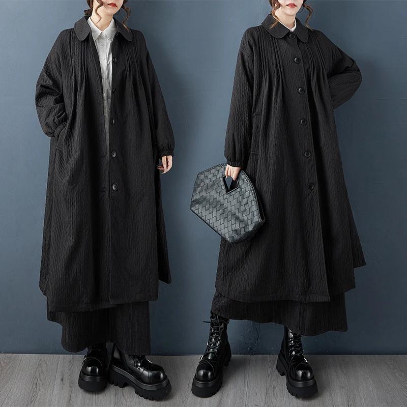 

Ветровка большого размера Bla, весенне-осеннее плиссированное пальто с кукольным воротником, утягивающее пальто большого размера из смеси полиэстера и хлопка