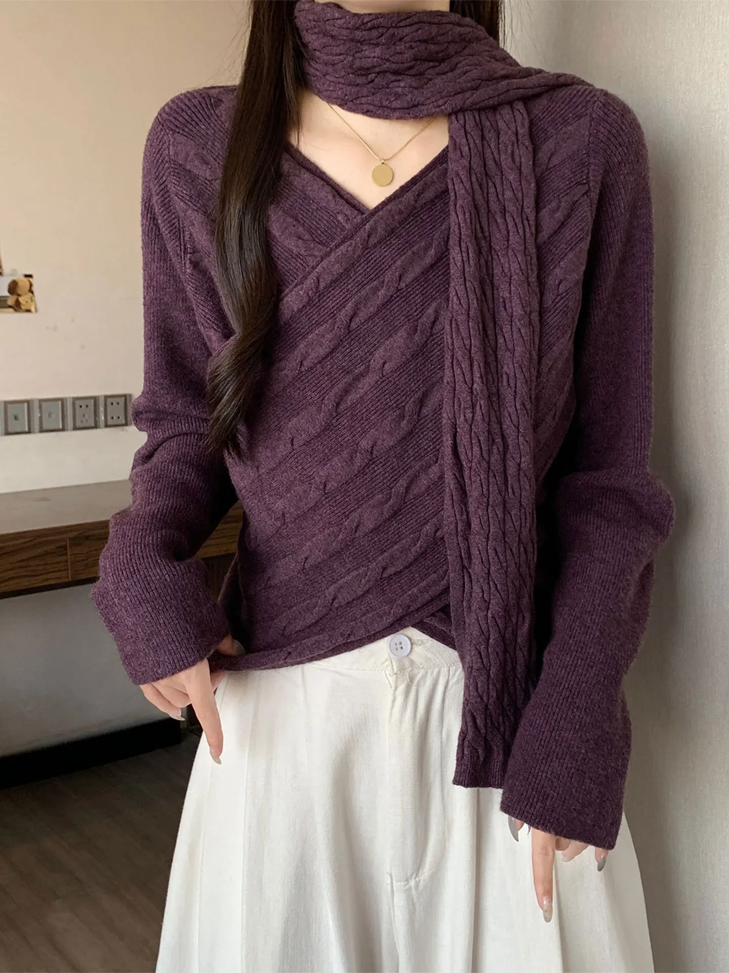

Purple Sa V-Ne Cross Long Sve Knitted Sweater Winter plus Size Women's Casual Sle Soft Polyester Fiber Top