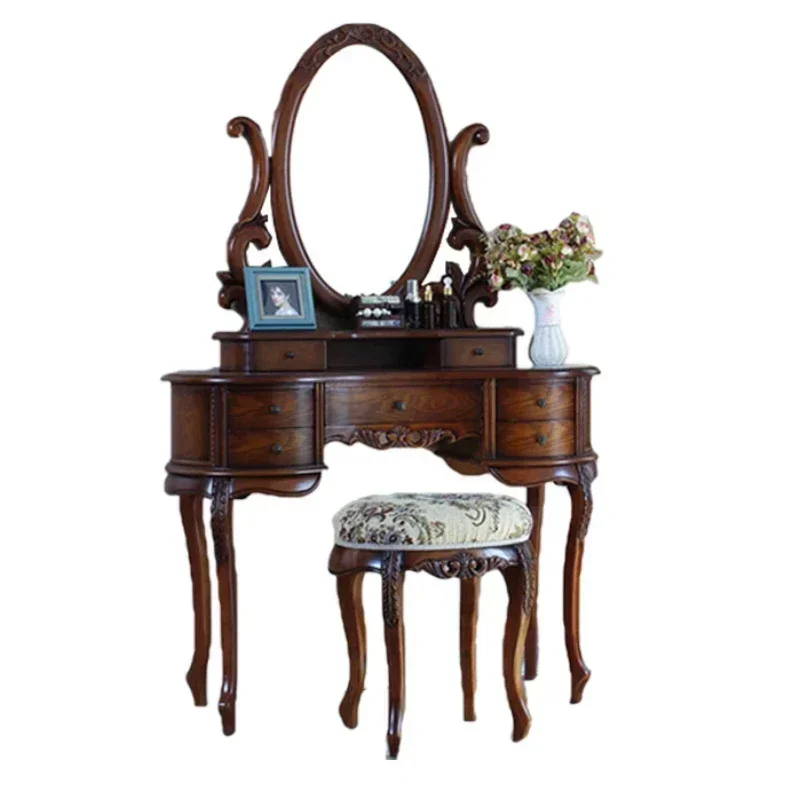 European Solid Wood Mirror Table Bedroom Dresser Amercia Princess Furniture Dark Villa Luxury Carved Makeup Table Dressing Table