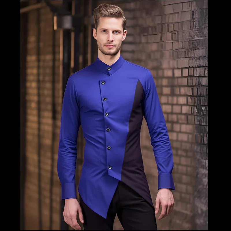 Royal Blue Henley Shirt Men 2023 Autumn New Irregular Hem Long Sleeve Mens Dress Shirts Party Wedding Prom Tuxedo Shirt Male XXL