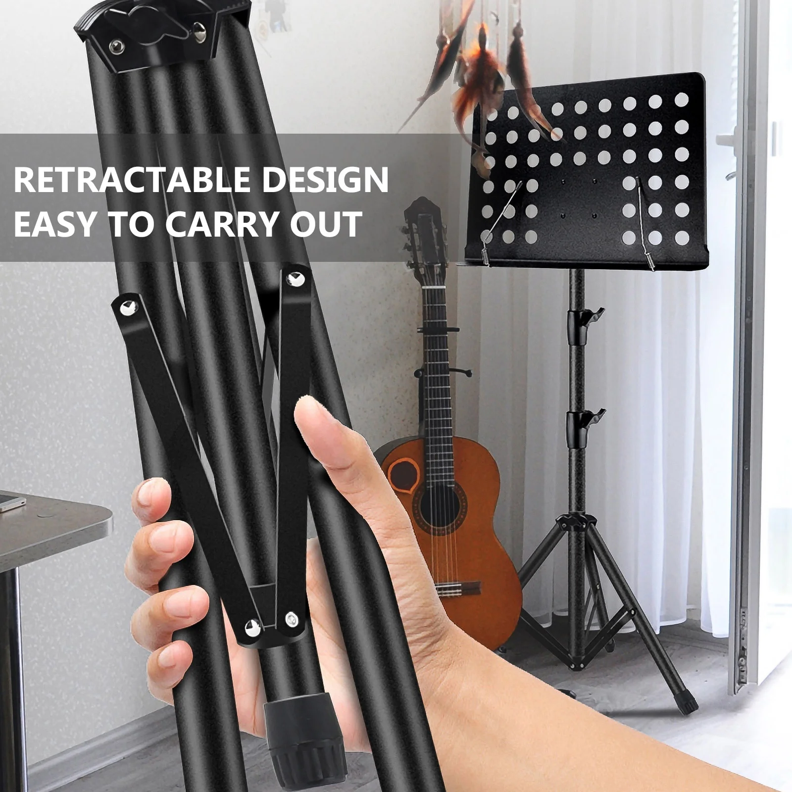 

Multi-Functional Music Stand For Guitar Violin Adjustable Foldable Sheet Music Holder Portable Book Rack Retractable Stand Black