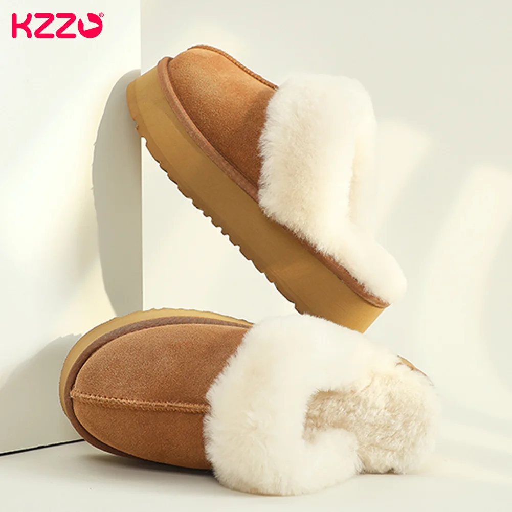 KZZO Fashion Ultra Mini Platform Snow Boots Australia Genuine Leather Women Wool Fur Ankle Thick Sole Winter Warm Shoes Maroon