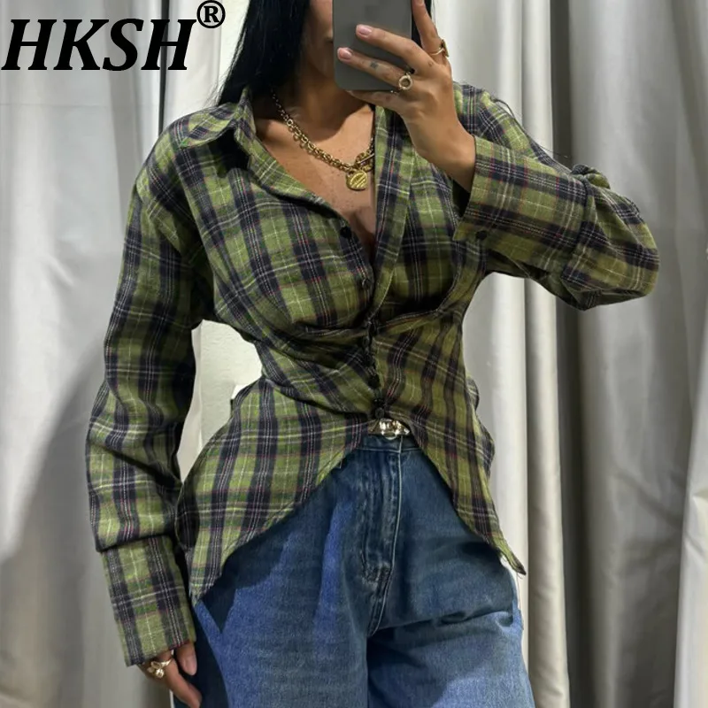 

HKSH Women Shirt Plaid Turn-down Collar Single Breasted Long Sleeves Waist Cinching Slim Fit Retro Streetwear Top Spring HK20958