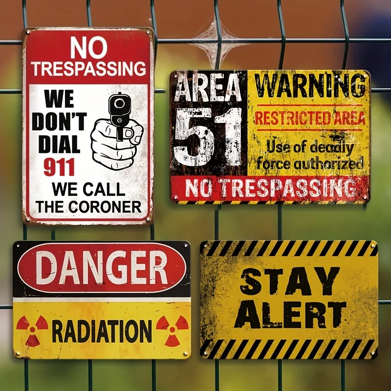 

4PCS, Retro Area 51 No Trespassing Metal Sign, Warning Sign Hanging Picture Tinplate No Trespassing Tin Signs, Funny Wall Decor