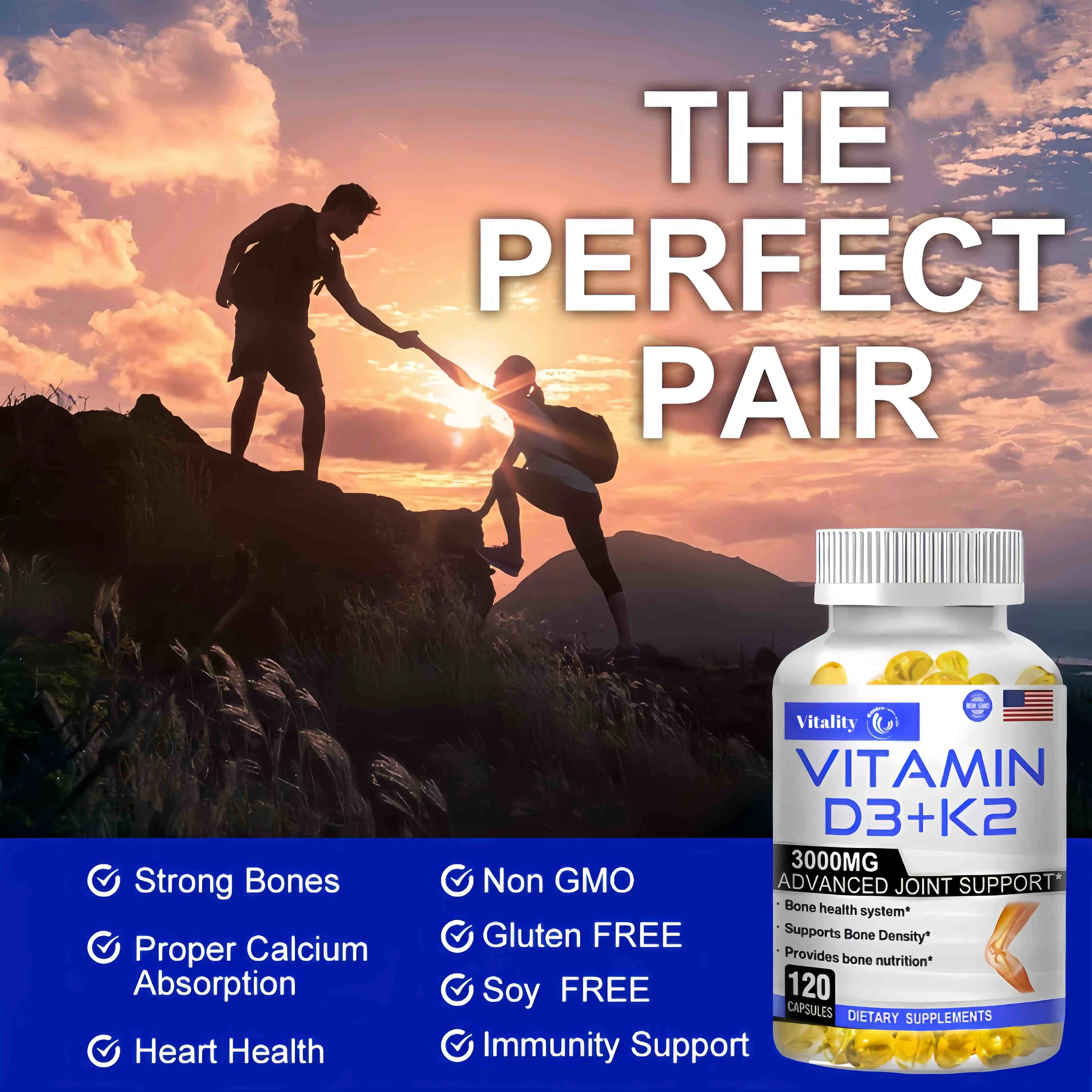 D3+K2 Vitamin Capsules Helps Promote Bone Heart Immune Health Non-GMO formula Protects The Heart and Supports Immunity