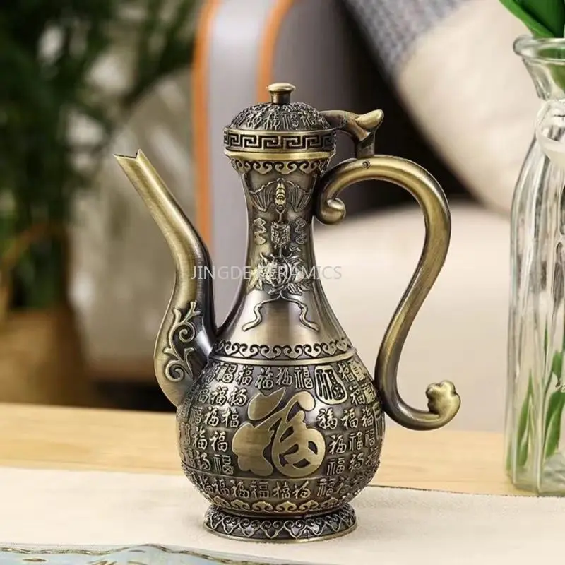 Chinese Antique Dragon and Phoenix Wine Set Flagon High Footed Tea Cup with Tray Household Drinking Utensils Drinking Utensils