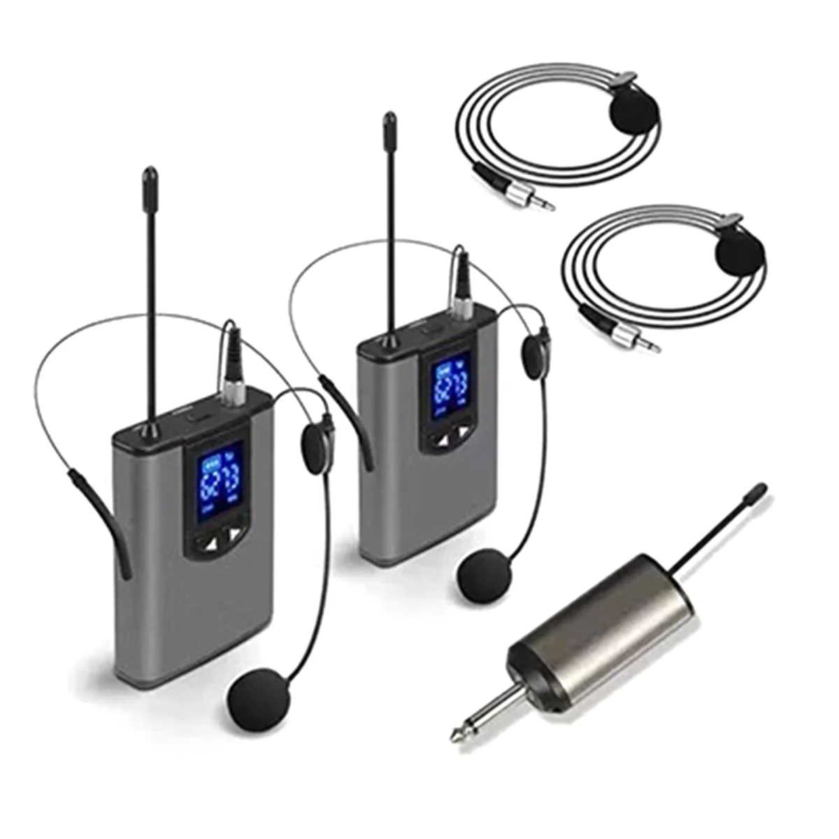 

UHF Portable Wireless Headphone/Lvalier Microphone with Bodypack Transmitter and Receiver 1/4Inch Output 1 to 2