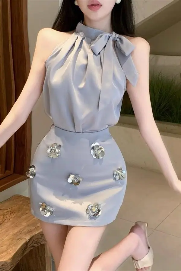

French Style Satin Camisole Set Women Luxury Sleeveless Blouse with Floral Skirt Elegant Two Piece Outfit High Waist Mini Skirt