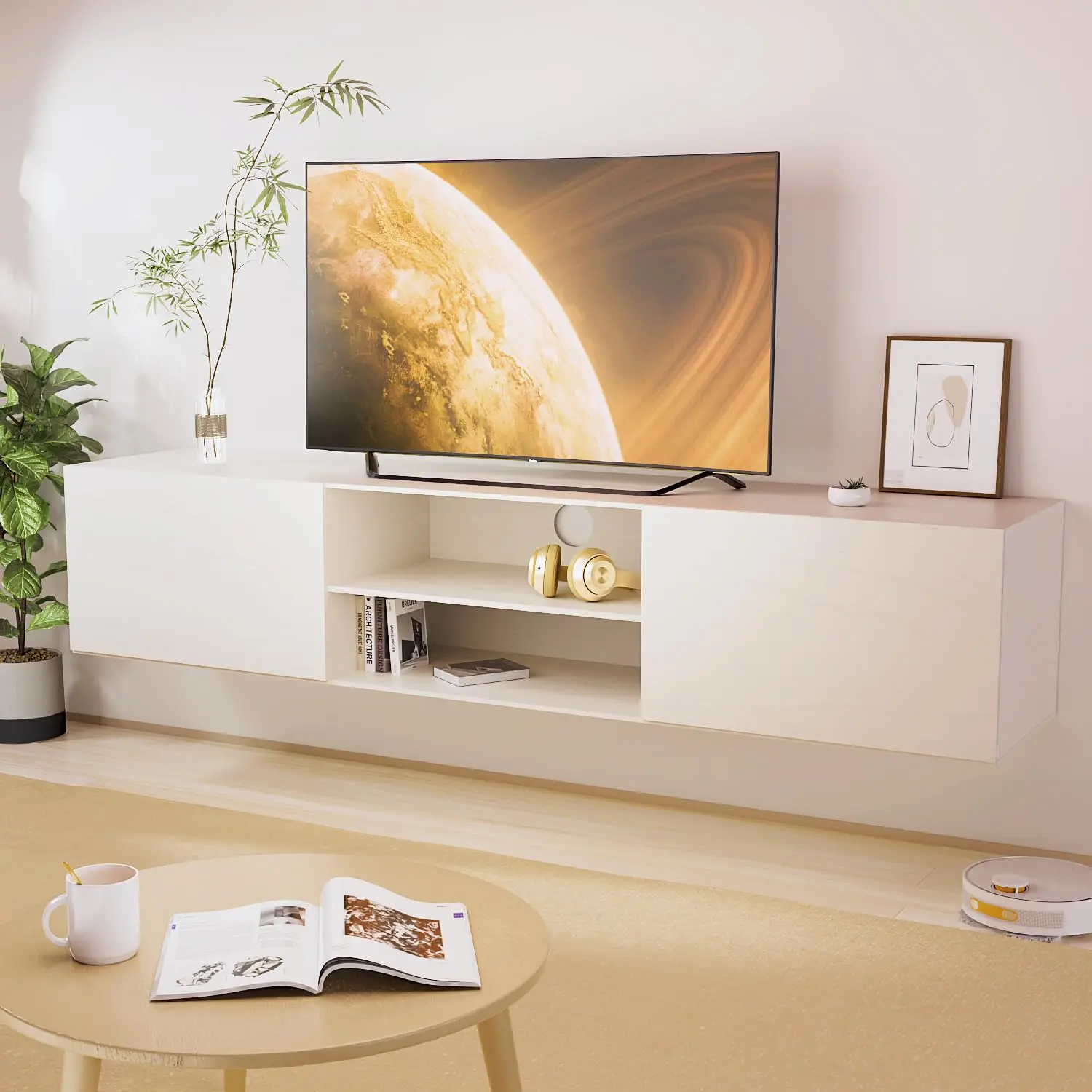 Wall Mounted Floating TV Stand 70in Off-White 3 Cabinet Entertainment Center for 60-80in TVs Living Room, Customized