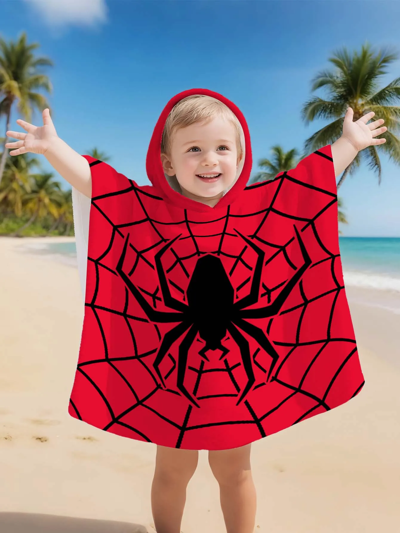 Kids Hooded Poncho Towel Red Spider Web Print Quick Dry Toddler Beach Bath Wrap for Boys