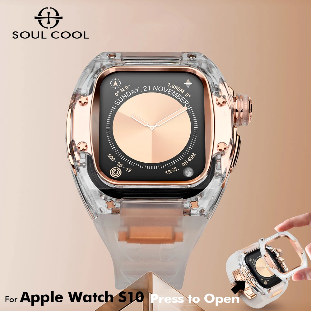 

Soul Cool Grilamid Tr90 Case For Apple Watch S11/10 46mm, Transparent Smart iWatch Modification Kit Luxury Fluororubber Strap
