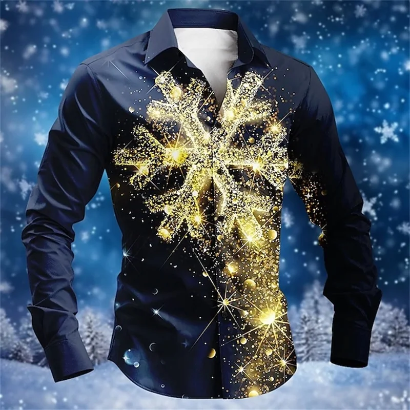 3D Print Christmas Elk Snowflake Graphic Shirts For Men Fashion Casual Men's Long Sleeve Button Up Shirt New In Plus Size Blouse