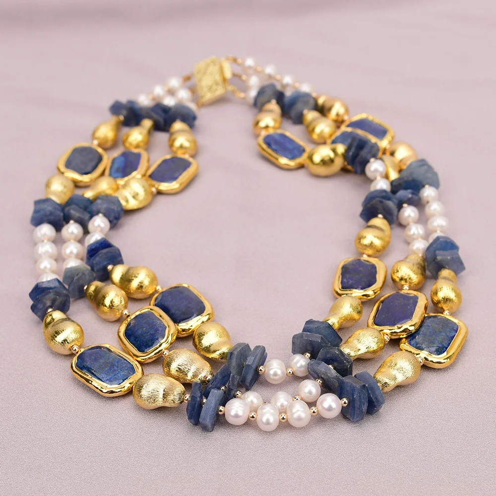 

G-G 3 Rows Natural White Pearl Gold Plated Blue Lapis lazuli Kyanite Stone Brushed Beads Necklace 18'' For Women