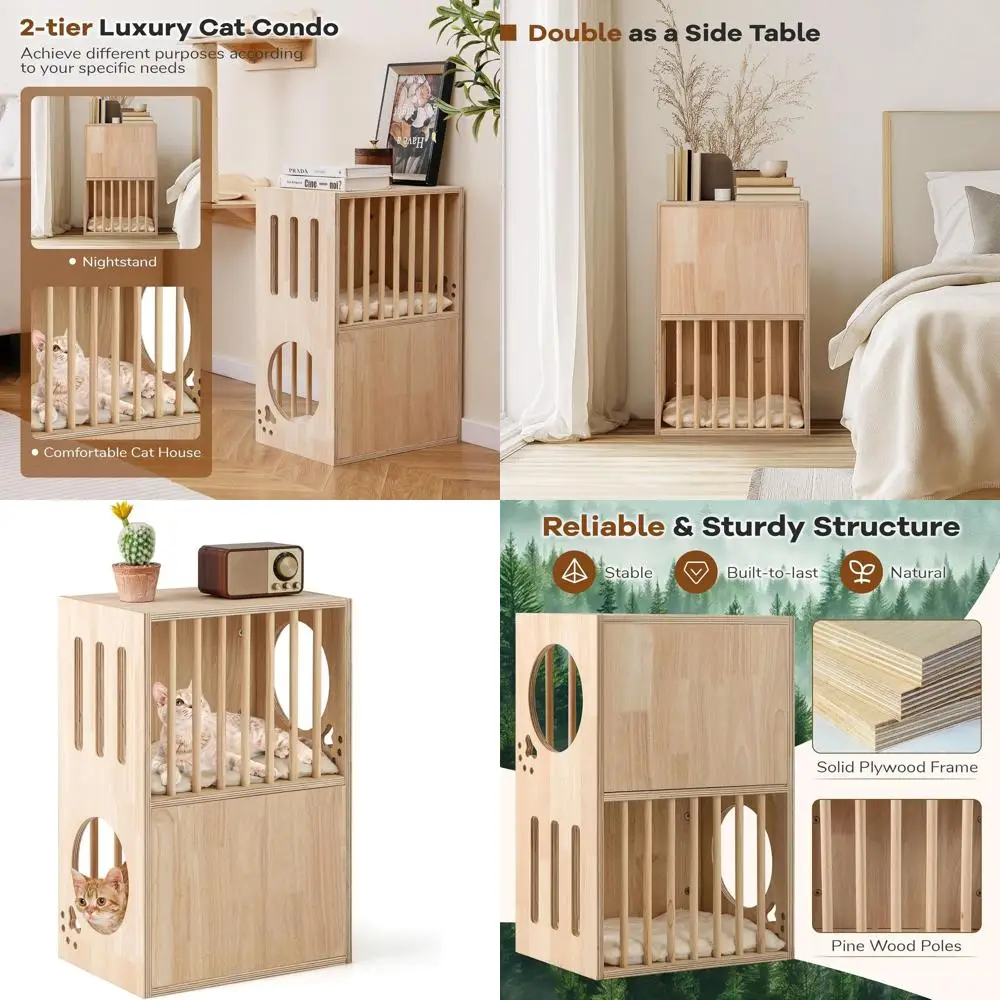 

Double Decker Wooden Cat Condo with Removable Cushions, Air Vents, and Side Entries