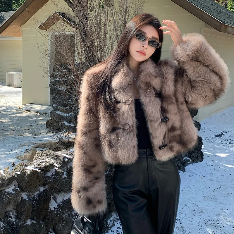 

2025 NEW High End Women Faux Fox Fur Coat Brown Horn Buttons Short Cut Long Sves Winter Warm Fashion Japanese Women Coats