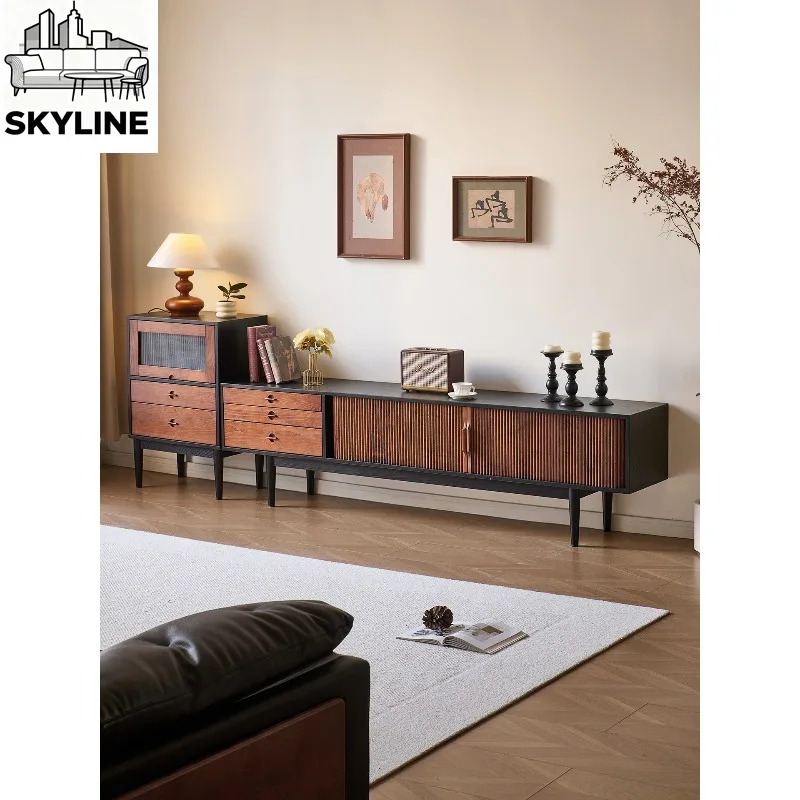 Black Vintage Ash Wood TV Console, Solid Wood Media Stand For Compact Living Room
