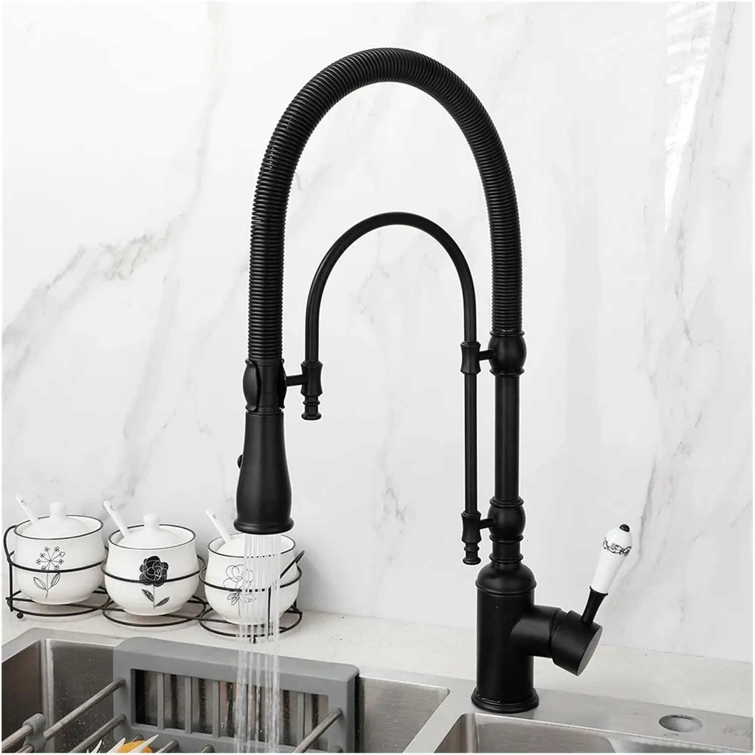 Kitchen Pull Down Faucet 360 Degree Multi-Function Spring Pull Down Single Handle Hot and Cold Water Faucet Brass