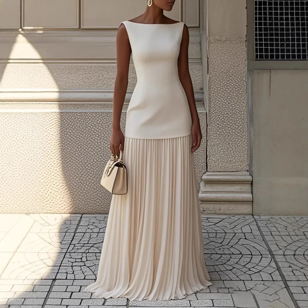 Women's Elegant Solid Pleated Skirt Sets Splice Pleated Two Piece Sexy Slash Neck Sleeveless Tank Top Outfits Hollow Slim Suits