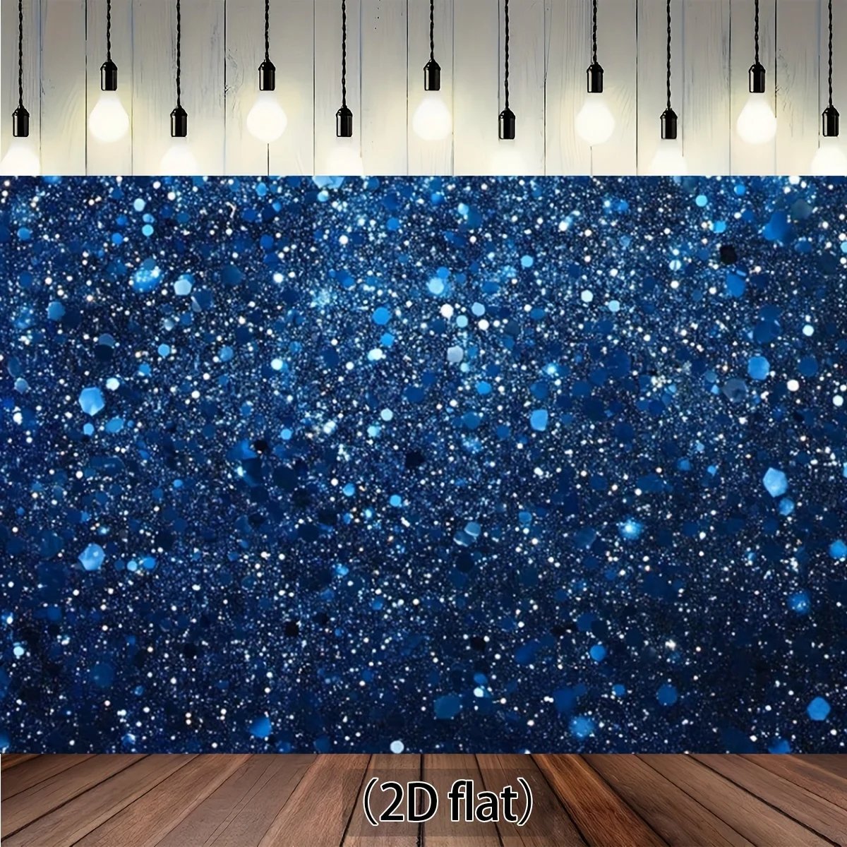 A flat 2D banner, mainly in dark blue, with numerous shiny sequins embedded in it.