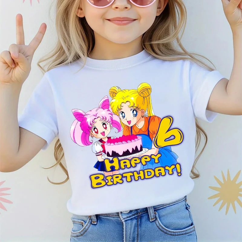 

Sailor Moon Number Printed Girls Birthday T-shirts Anime Cartoon Cute Short-sleeved Top Children Summer Good-looking Clothes