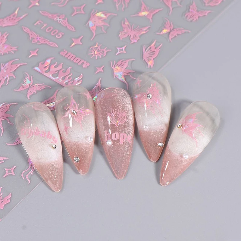 Cute Pink Sparkling Butterfly Nail Sticker Sweet Aurora Nail Styling Stereoscopic Relief For Girl Nail Decal Nail Art Salon