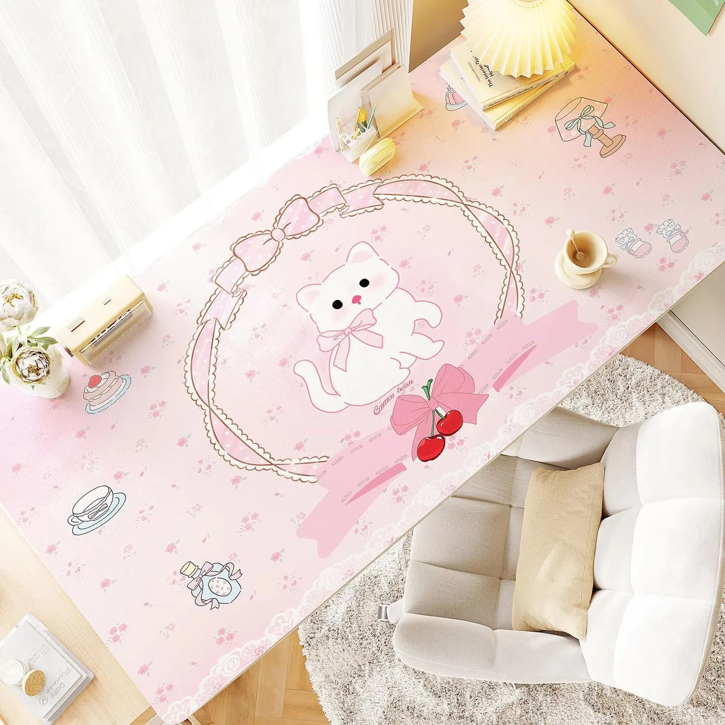 Leather PU Desk Pad Lovely Pink Kitten Bow Cake Cat Sweet Protector Y2K Mouse Pad Office Desk Mat Non-Slip PU Desk Blotter Pad