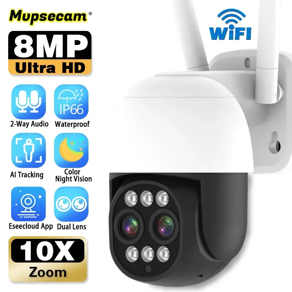 

4K 8MP WIFI Camera PTZ Dual Lens 10X Digital Zoom Outdoor AI Humanoid Auto Tracking Zoom Two-Way Audio 4MP+4MP Security Camera